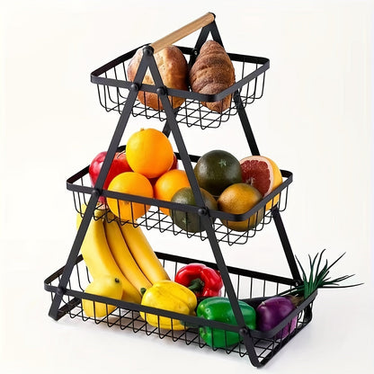 Countertop Fruit and Vegetable Basket – Removable Bowl Storage with Wooden Handle – Kitchen Preservation Holder and Accessories