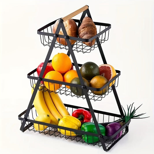 Countertop Fruit and Vegetable Basket – Removable Bowl Storage with Wooden Handle – Kitchen Preservation Holder and Accessories