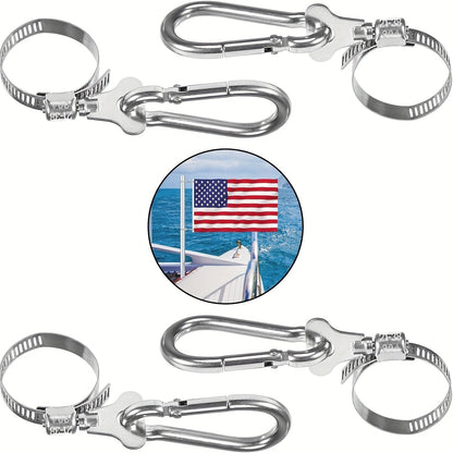 4 Pack Stainless Steel Flagpole Clips with Carabiner – Durable, Adjustable Grommet for Outdoor Flags, Fits 0.75-1.25" Diameter Poles