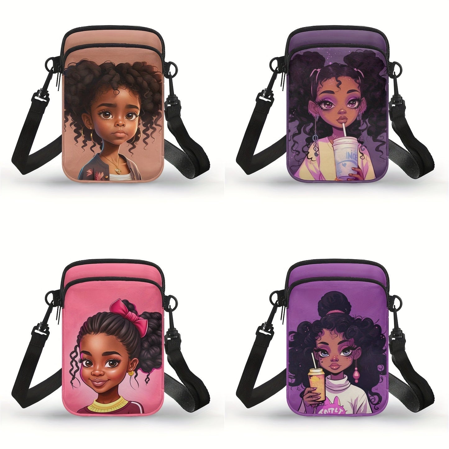 Chic African Girl Print Crossbody Bag - Trendy, Lightweight Double Layer with Adjustable Strap and Zip Closure for Daily Use