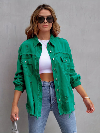 Women's Plus-Size Denim Blazer with Distressed Holes
