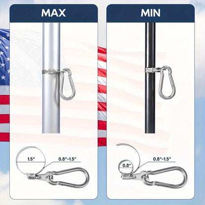 4 Pack Stainless Steel Flagpole Clips with Carabiner – Durable, Adjustable Grommet for Outdoor Flags, Fits 0.75-1.25" Diameter Poles
