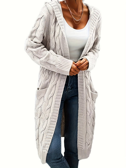 Solid Open Front Cable Knit Hooded Cardigan – Casual Long Sleeve Mid-Length Sweater with Pocket for Women