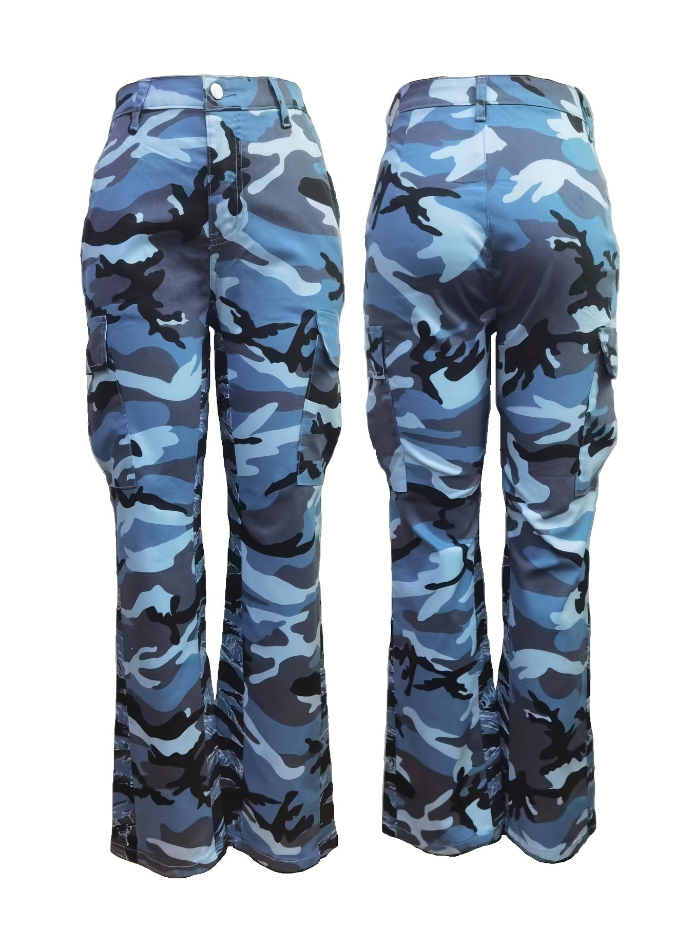 Fashionable High-Waist Camouflage Cargo Jeans – Sleek Straight Fit with Medium Stretch & Stylish Flap Pockets – Trendy High-Rise Denim Pants for Women