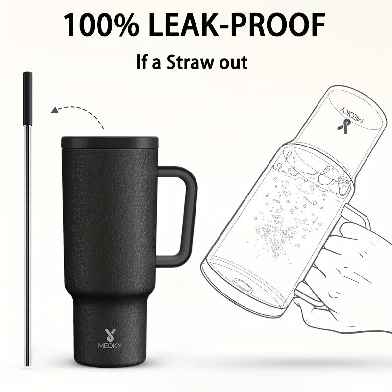 Meoky 40oz Stainless Steel Travel Mug – Insulated Handle Mug with Leakproof Lid and Straw, Ideal for Outdoor Camping, Hiking, and Car Travel - Covered Thermos.