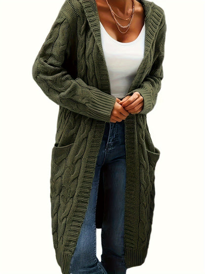 Solid Open Front Cable Knit Hooded Cardigan – Casual Long Sleeve Mid-Length Sweater with Pocket for Women