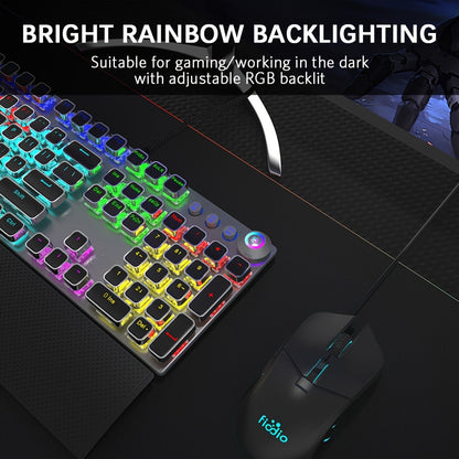 Mechanical Gaming Keyboard with LED Rainbow Backlit - 104 Anti-Ghosting Keys, Quick-Response Black Switches, Multimedia Controls, Removable Hand Rest for PC and Desktop Computers