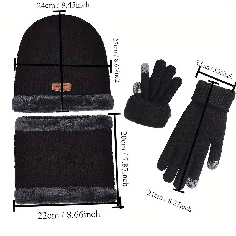 3 Pcs Knit Hat, Neck Warmer and Gloves Set - Thermal Letter Patched Cuff Beanie, Fleece Scarf, and Full Finger Winter Gloves for Men and Women