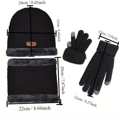 3 Pcs Knit Hat, Neck Warmer and Gloves Set - Thermal Letter Patched Cuff Beanie, Fleece Scarf, and Full Finger Winter Gloves for Men and Women