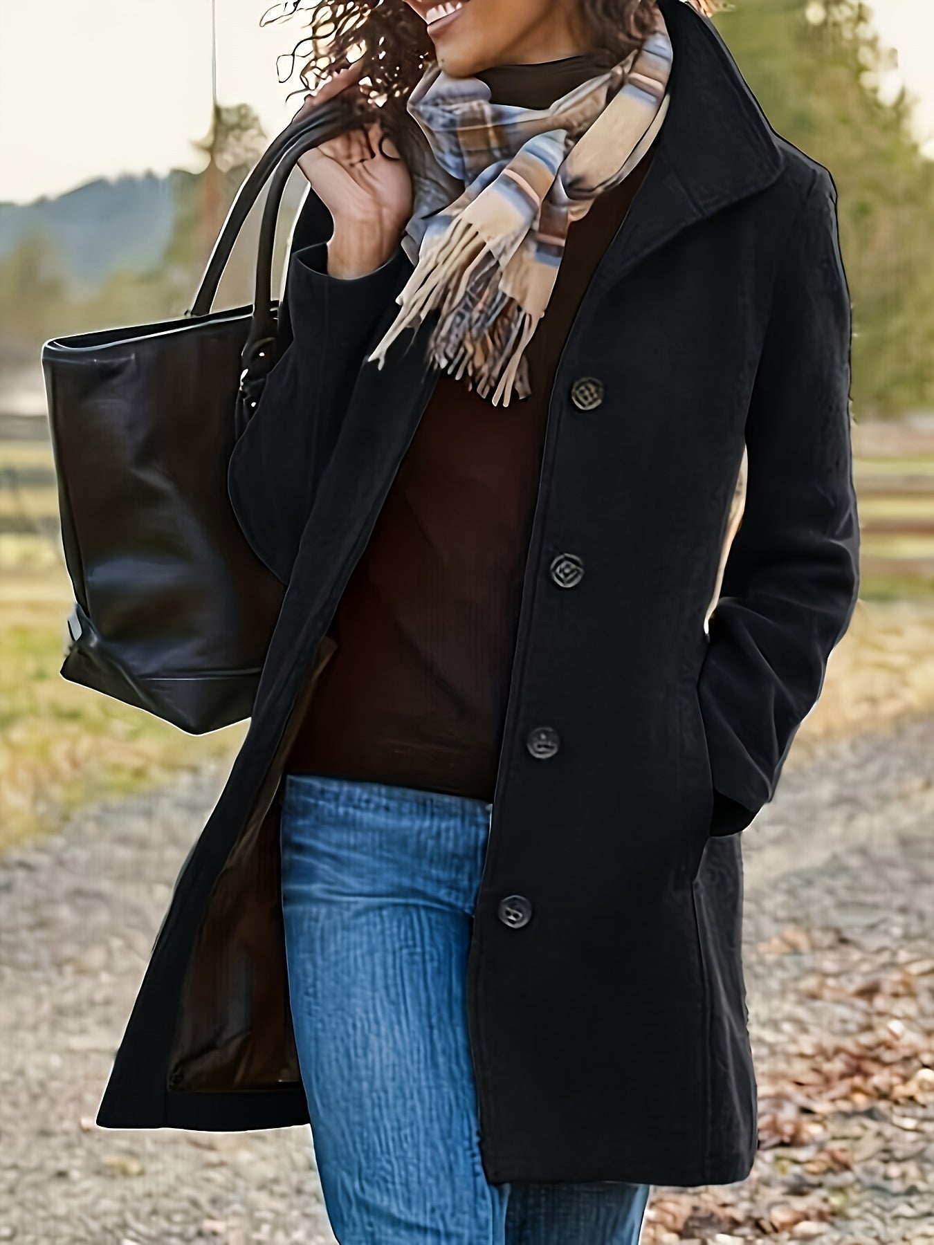 Women's Single-Breasted Overcoat - Solid Color Long Sleeve Casual Outerwear for Fall and Winter