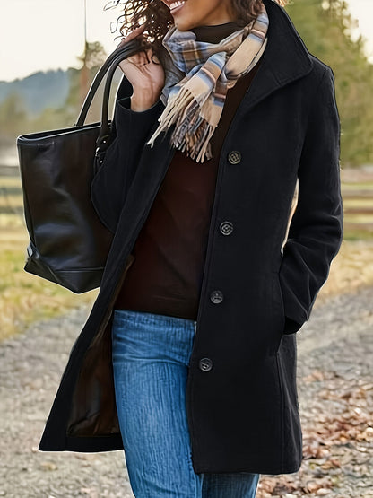 Women's Single-Breasted Overcoat - Solid Color Long Sleeve Casual Outerwear for Fall and Winter