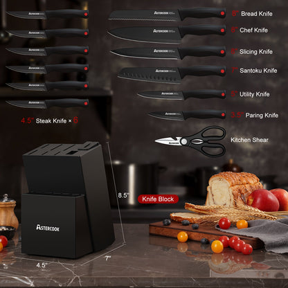 15 Piece Astercook Premium Knife Set - German Steel, Dishwasher Safe, Includes Elegant Black Block and Built-In Sharpener for Precision Cutting