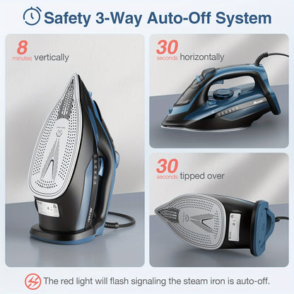 1700W Steam Iron with Rapid Heating - Ceramic Coated Soleplate, Precise Thermostat Dial, Self-Cleaning, Auto-Off, 15.21oz Water Tank - Blue