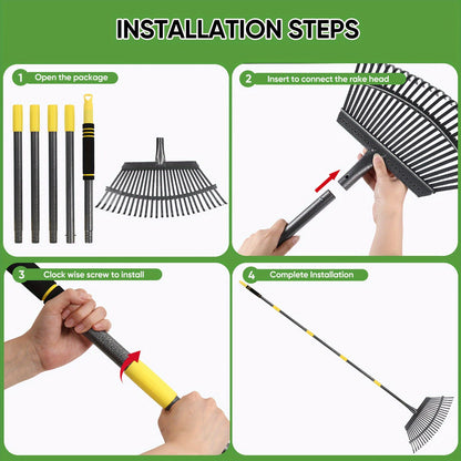 Adjustable Metal Garden Leaf Rake - Heavy-Duty Steel Lawn Rake with Telescopic Handle for Efficient Yard Debris Collection