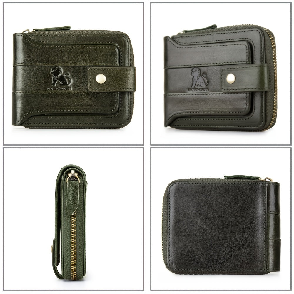 Men's Retro Genuine Leather Multi-Card Wallet with Zip - Large Capacity, Anti-Theft Design