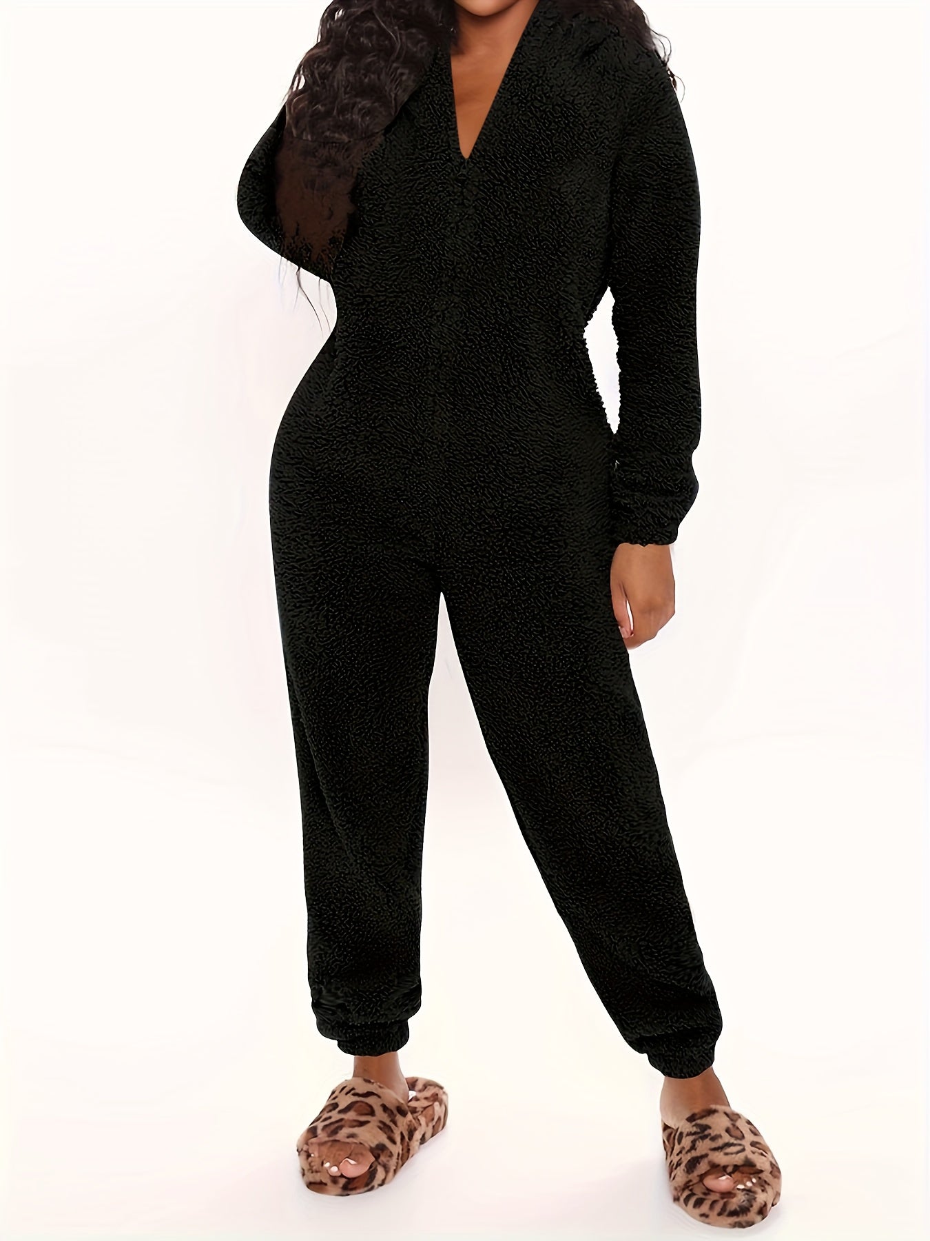 Fuzzy Hooded Pajama Jumpsuit for Music Festivals – Comfy and Cute Long Sleeve Zipper Pajamas – Women's Lingerie and Sleepwear