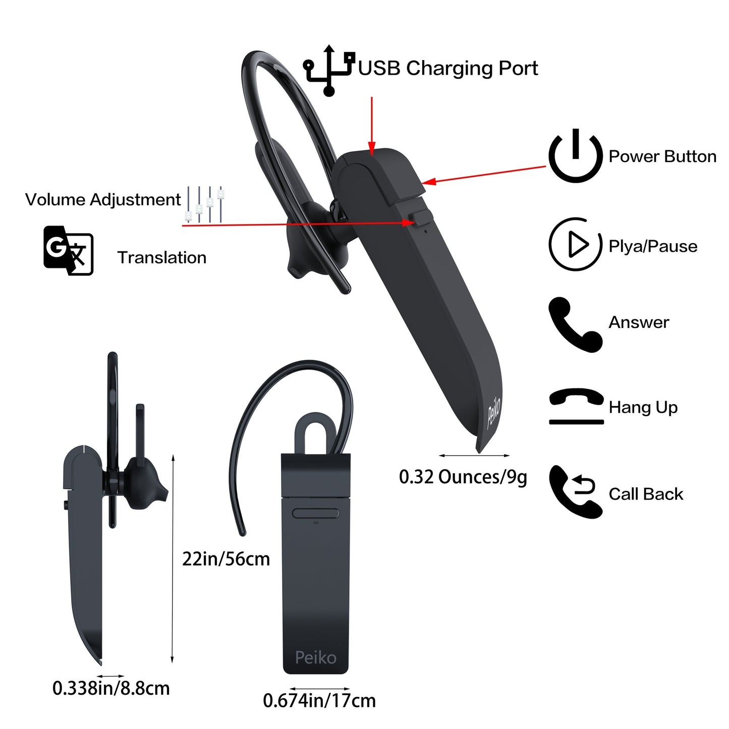 PEIKO World Language Translator Earbud - Instant Translation for 32 Languages and 44 Accents | High-Fidelity Audio, Offline for 11 Languages | Portable, Seamless Communication