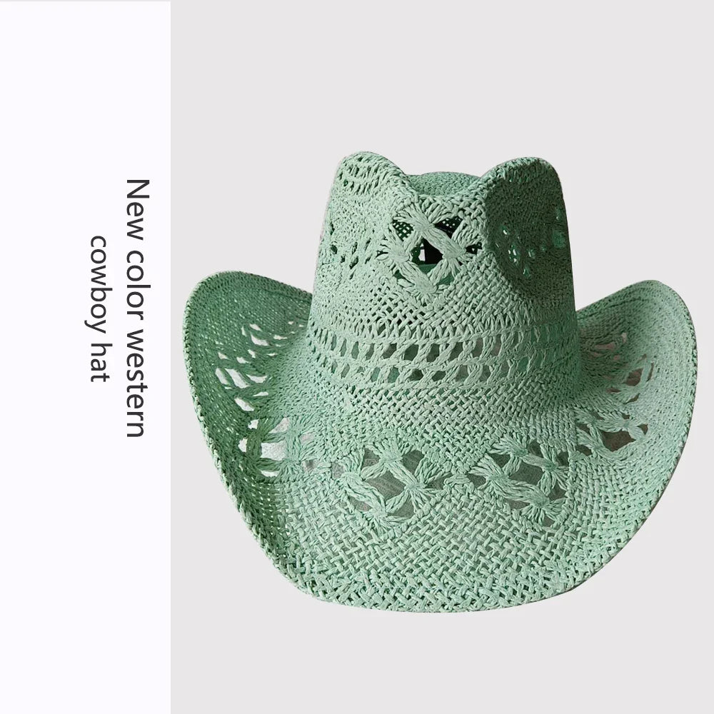 Melesh Western Women's Mint Green Cowboy Hat – Straw, Wide Brim, Plasticity Strong for Sunshine & Beach Wear