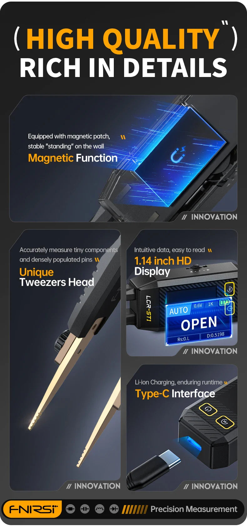 FNIRSI LCR-ST1 Mini Smart Tweezer | LCR SMD ESR Tester for Resistance, Capacitance, Inductance, Continuity & Diode Testing
