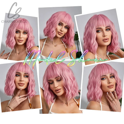 CharmSource Pink BOBO Short Synthetic Wig – Natural Wavy Heat Resistant Hair Wig for Women, Party & Daily Wear