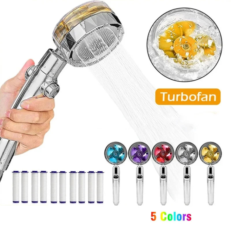 360° Rotation Turbo Fan Shower Head – High Pressure, Water-Saving Adjustable Spray with Filters for Bathroom Accessories