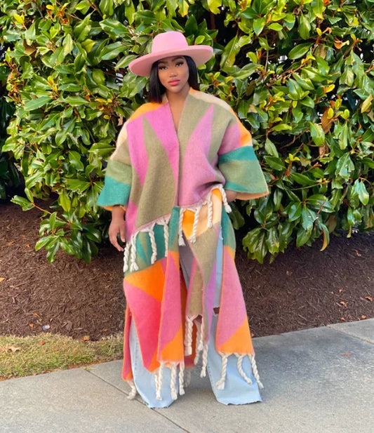 Fashion American Blogger Winter Open Front Cardigan – Oversized Warm Fuzzy Multicolor Wool Duster Coat, Soft and Stylish for Women