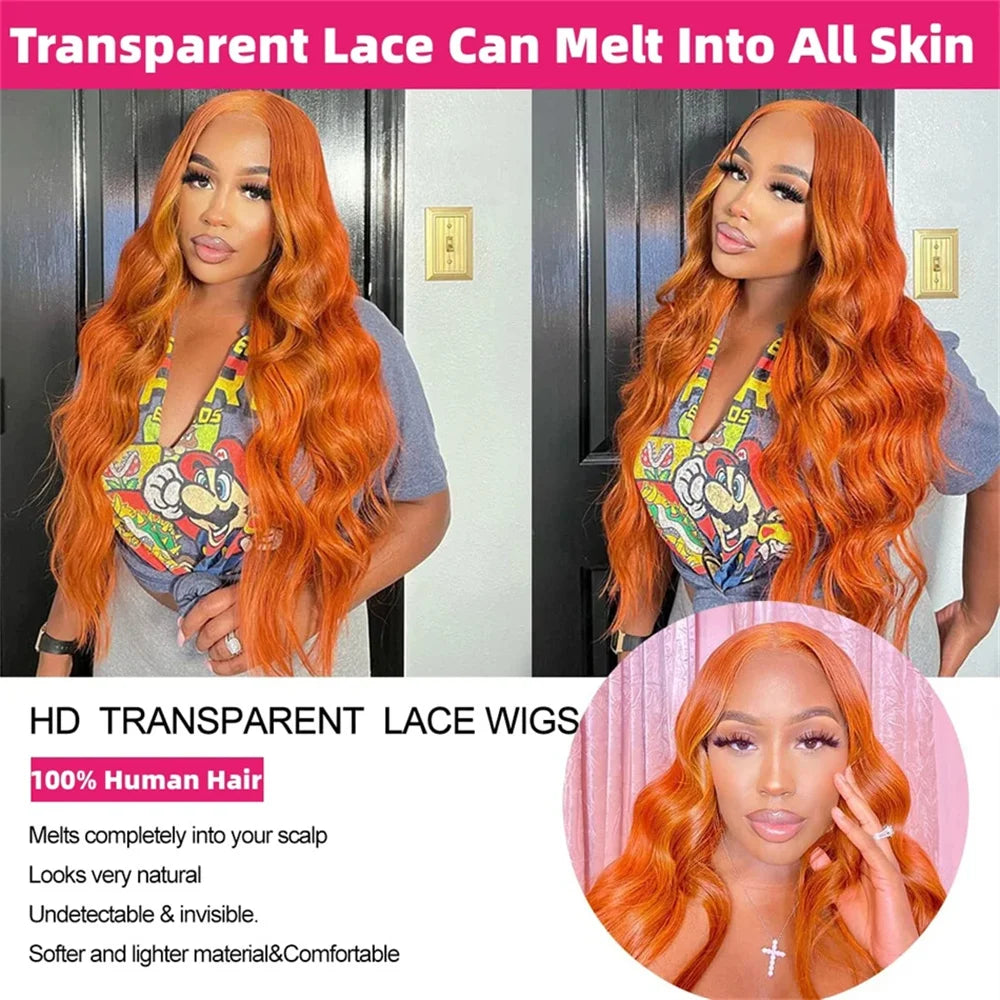 Ginger Orange Body Wave HD Lace Front Wig – 13x6 Transparent Human Hair Wig, 250% Density for Women