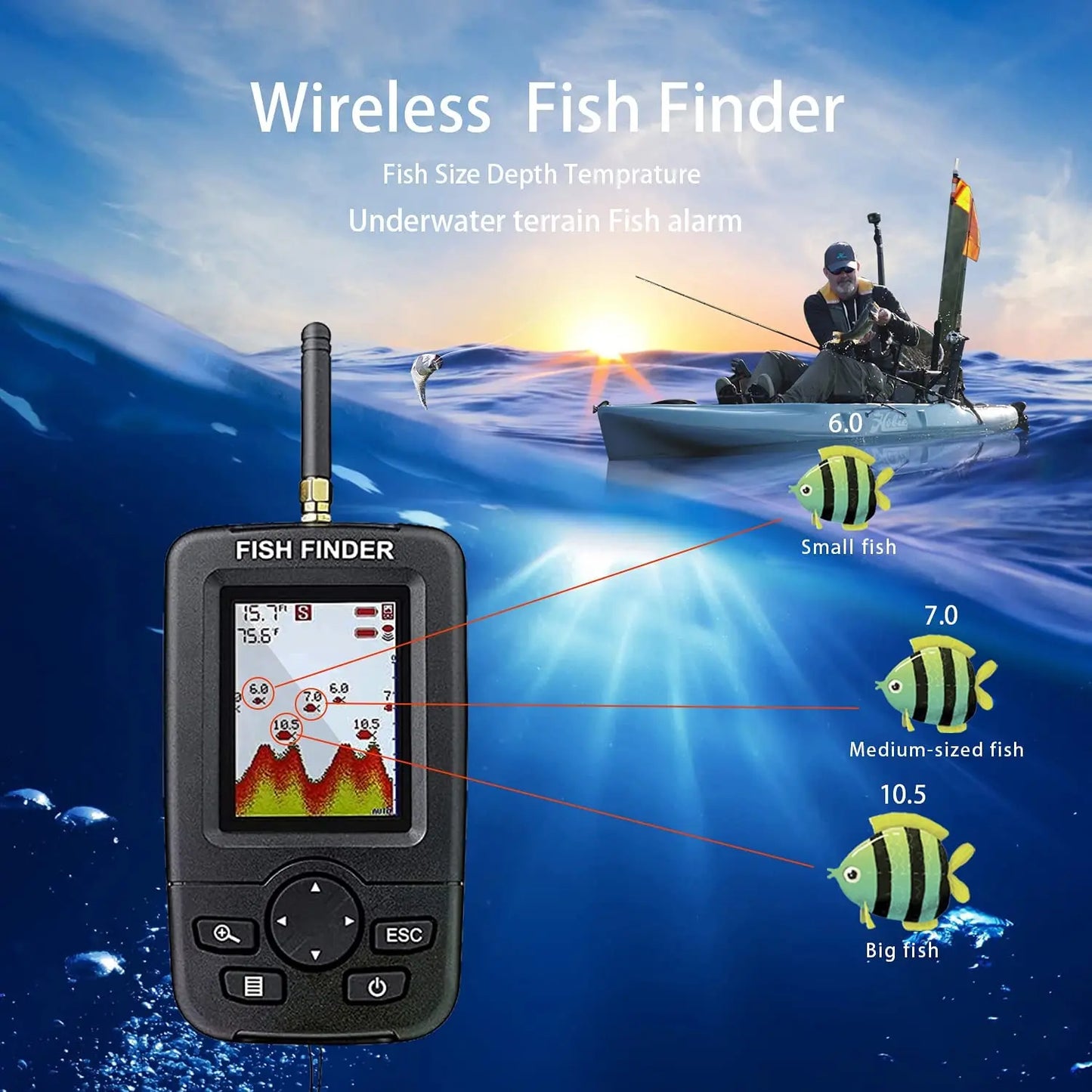 Wireless Sonar Fish Finder – Portable Underwater Fishing Detector & Echo Sounder with Fishing Alert