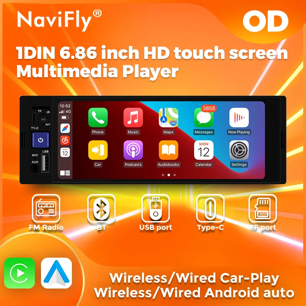 NaviFly 6.86" 1-DIN MP5 Car Stereo — Wireless CarPlay & Android Auto Multimedia Player with BT & FM