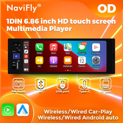 NaviFly 6.86" 1-DIN MP5 Car Stereo — Wireless CarPlay & Android Auto Multimedia Player with BT & FM