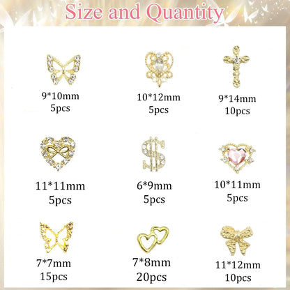 80PCS Gold Nail Charms - 12 Shapes including Heart, Butterfly, Cross, & Shiny Money Sign, 3D Alloy Nail Decorations