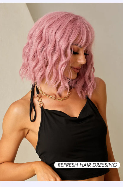 CharmSource Pink BOBO Short Synthetic Wig for Women — Natural Wave, High-Density, Heat-Resistant Hair for Daily & Party