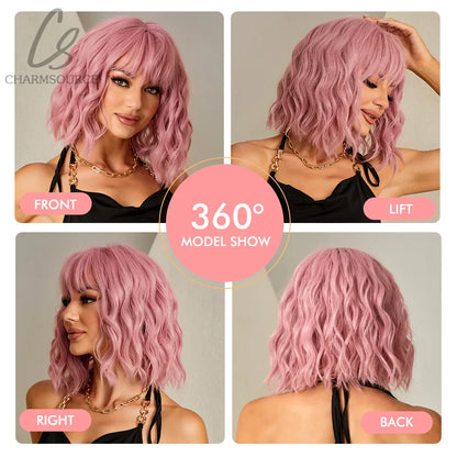 CharmSource Pink BOBO Short Synthetic Wig – Natural Wavy Heat Resistant Hair Wig for Women, Party & Daily Wear