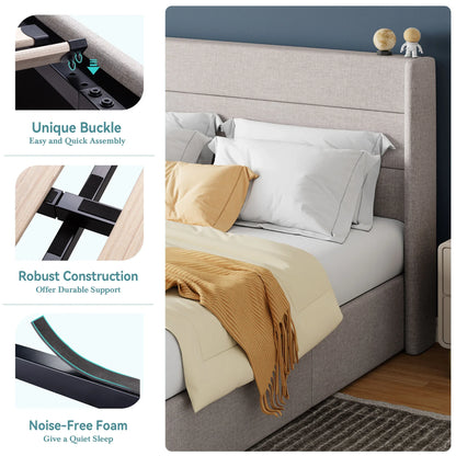 HOOMIC Lift-Up Storage Bed with Wingback Headboard - Heavy-Duty Hydraulic Platform Bed with Large Underbed Storage