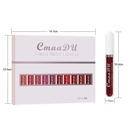 CmaaDu 10pcs Velvet Matte Lip Gloss Set – Durable, Waterproof, Silky Texture, Non-Stick, High Saturation Colors