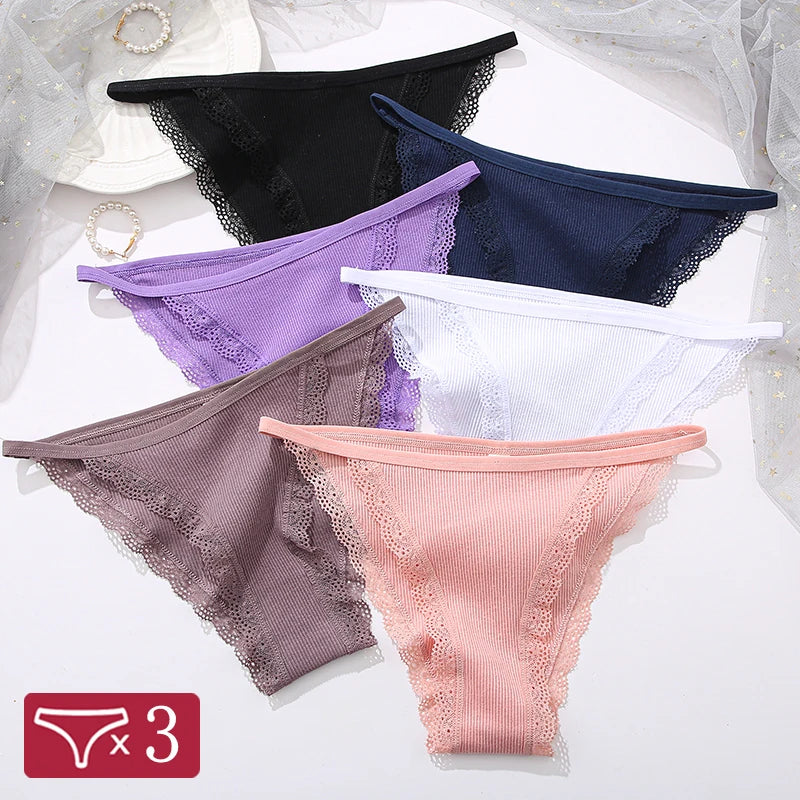 FINETOO 3pcs Women’s Lace Cotton Briefs — Solid, Comfortable, Breathable Soft Underwear & Lingerie