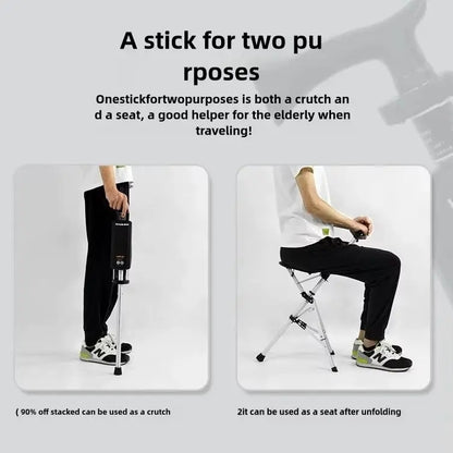 2-in-1 Portable Folding Cane & Chair — Quick-Fold Walking Stick with Built-In Seat and Three Legs