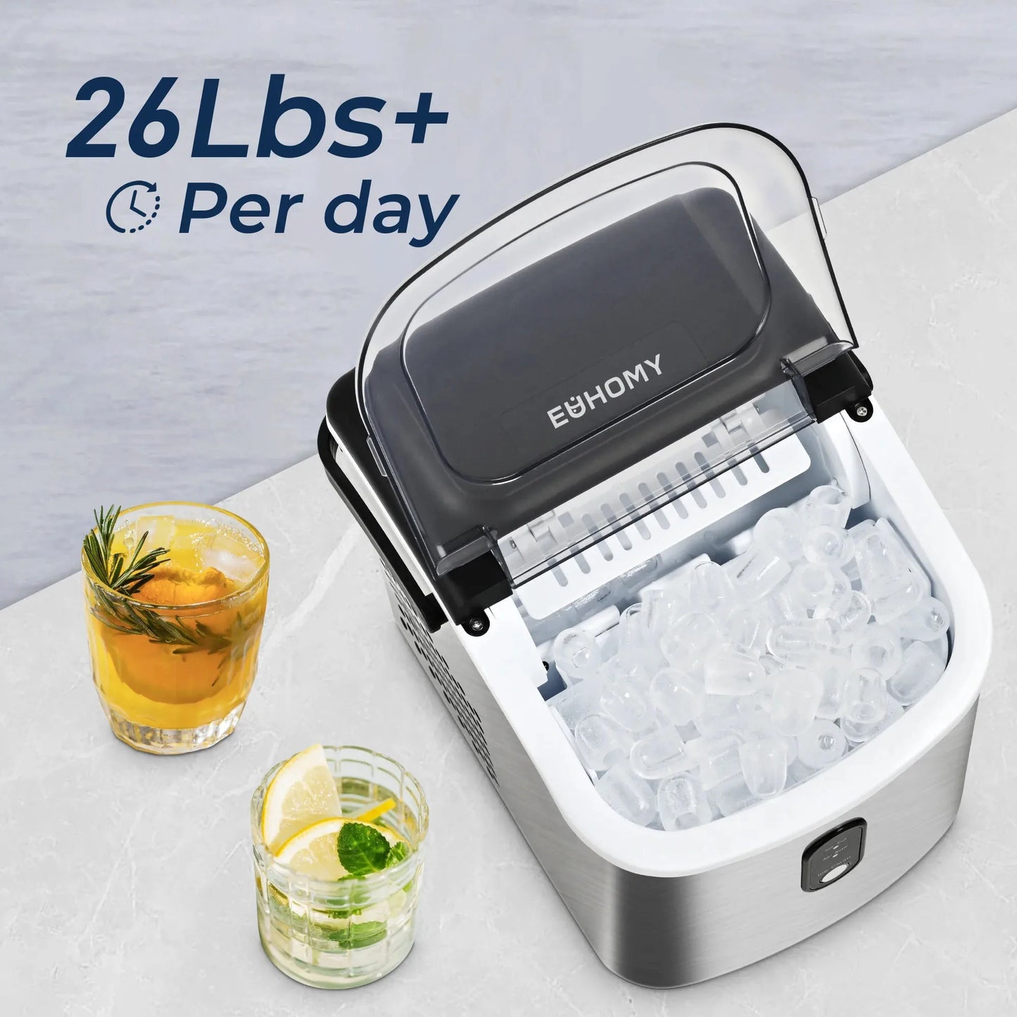 Euhomy Countertop Ice Maker – 26LBS/24H, 9 Cubes in 6 Mins, Auto-Cleaning Portable Ice Machine with Handle, Silver