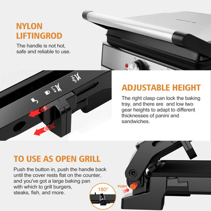 1600W Electric Panini Press Sandwich Maker — Indoor Grill with Non-Stick Plates, Adjustable Temperature & Timer