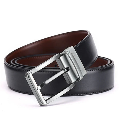 Men’s Genuine Leather Double-Sided Belt – Luxury Retro Pin Buckle with Laser Engraving (High Quality)