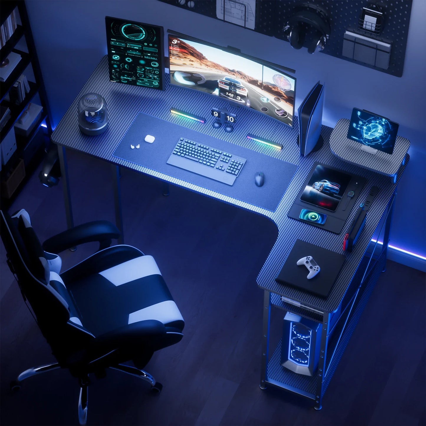 L-Shaped Gaming Desk with Drawers – Carbon Fiber Computer Desk with Monitor Arm for Home Office