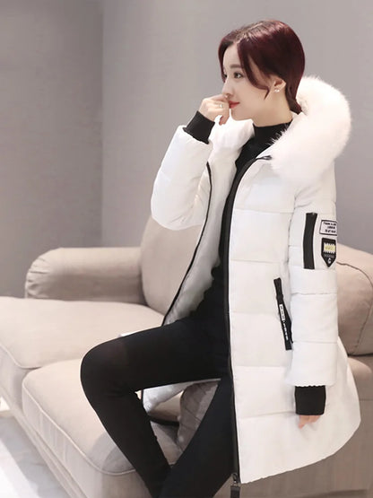 Women's Winter Parka – Fur Collar Hooded Long Jacket, Slim Fit, Warm & Thick with Letter Patch & Zipper Pockets