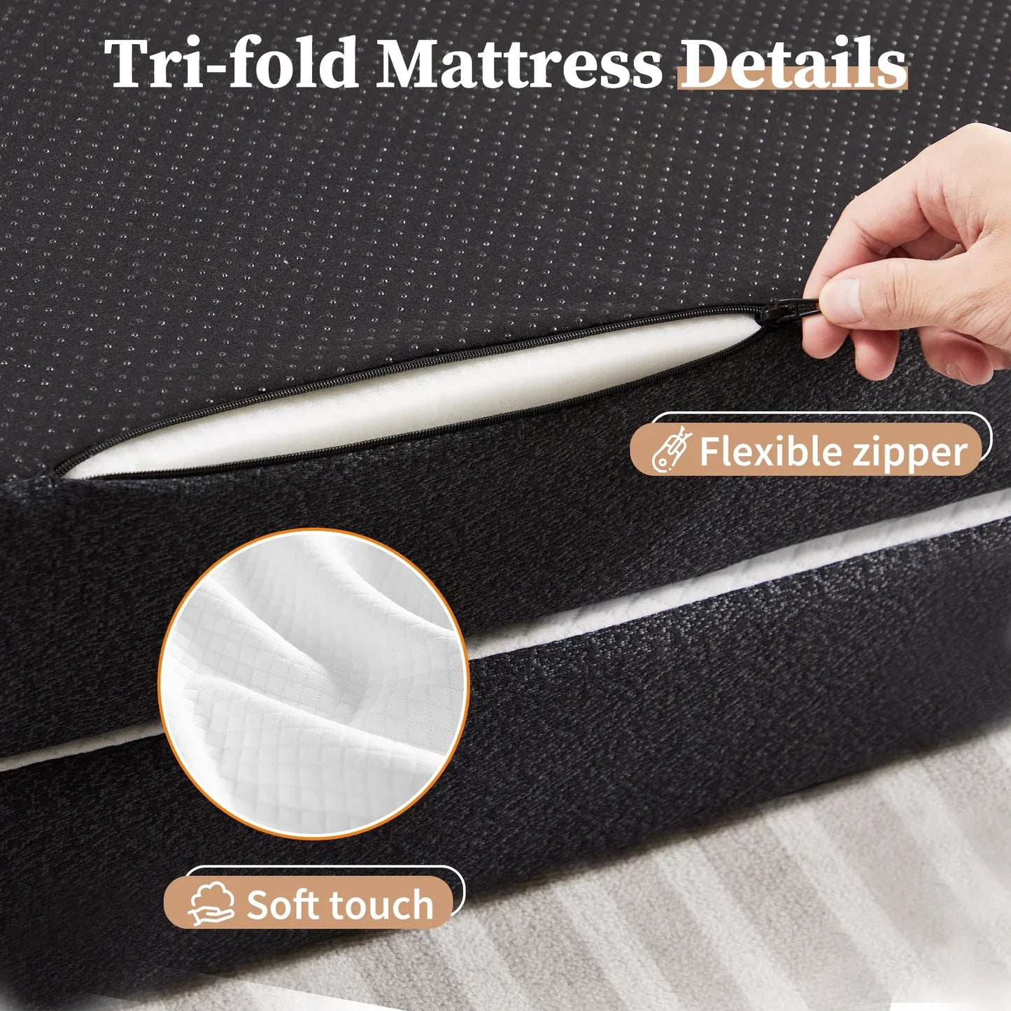 Three-Fold Portable Floor Bed – CertiPUR-US Certified, Soft Touch, Flexible Zipper for Travel, Camping & Yoga