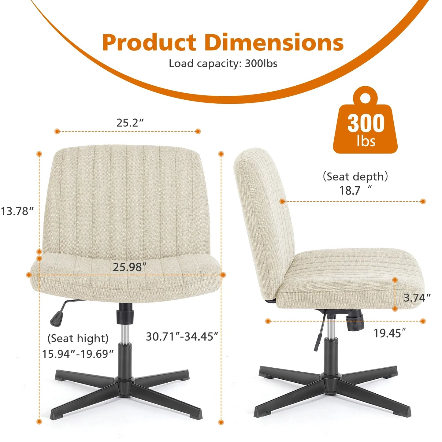 Adjustable Cross Legged Rocking Gaming Chair - Armless Wide Desk Swivel Task Chair for Home Office and Living Room