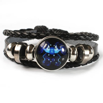 12 Zodiac Signs Constellation Charm Bracelet - Luminous Multilayer Weave Leather Bangle for Men & Women, Birthday Gift