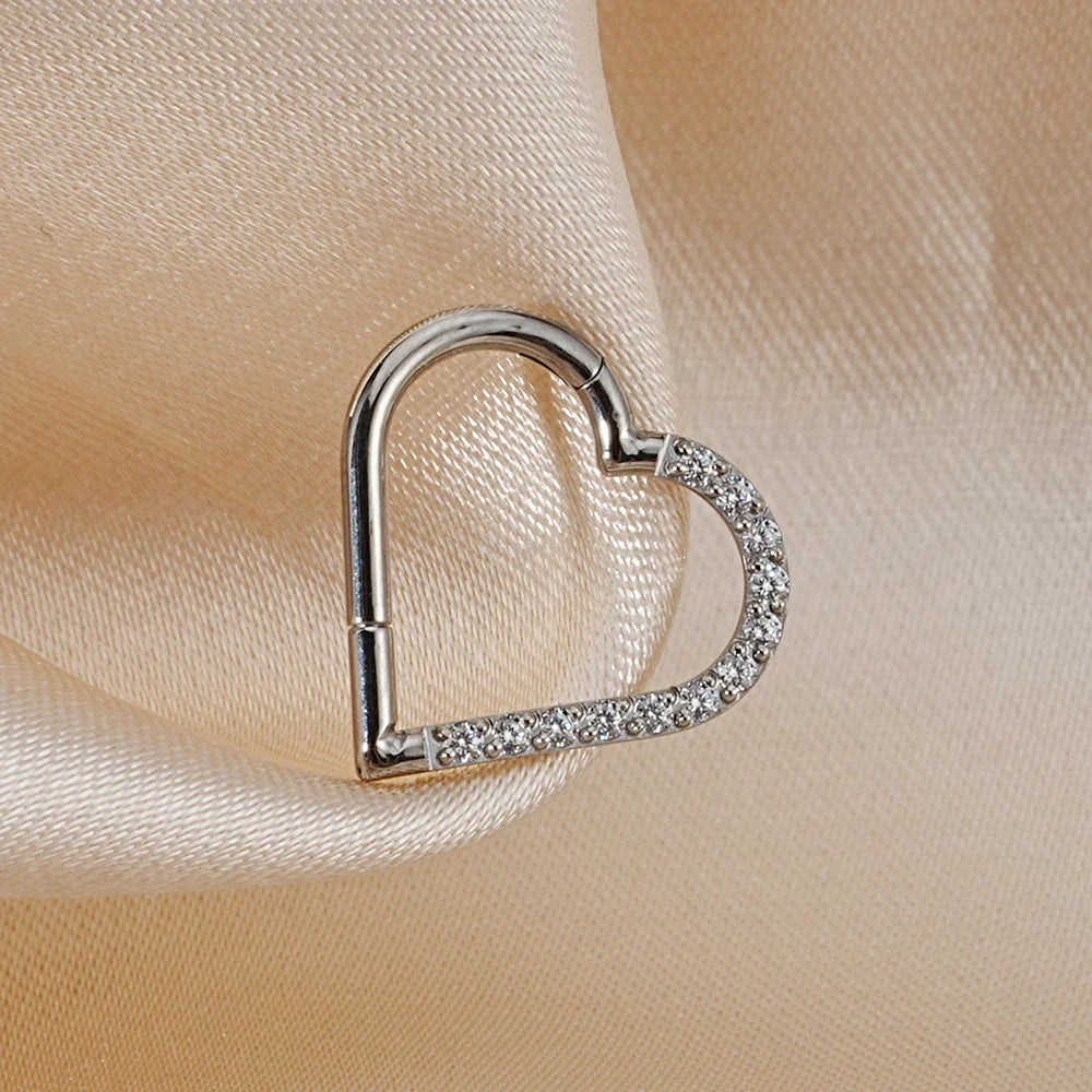 Right Grand ASTM F136 Titanium Daith Heart Hoop Earring – Hinged Segment Ring with Clear CZ for Cartilage, Tragus & Helix Piercing Jewelry