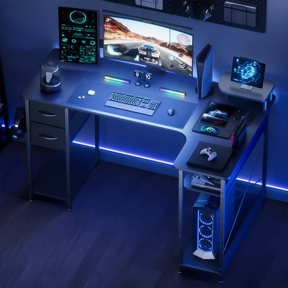 L-Shape Carbon Fiber Gaming Desk with Drawers & Monitor Arm – Home Office Computer Desk