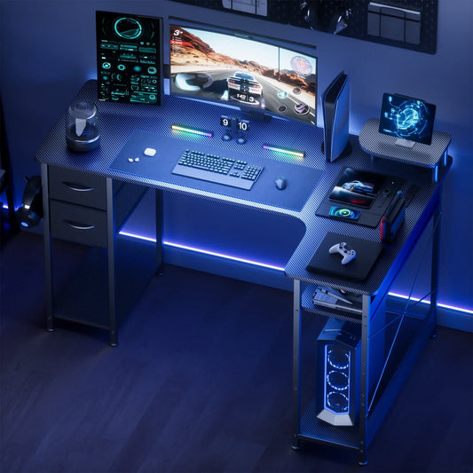 L-Shape Carbon Fiber Gaming Desk with Drawers & Monitor Arm – Home Office Computer Desk