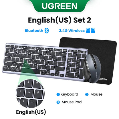UGREEN Wireless Bluetooth 5.0 & 2.4G Keyboard – 99 Keycaps Russian/Korean/English, USB-C Rechargeable for MacBook, iPad, PC & Tablet