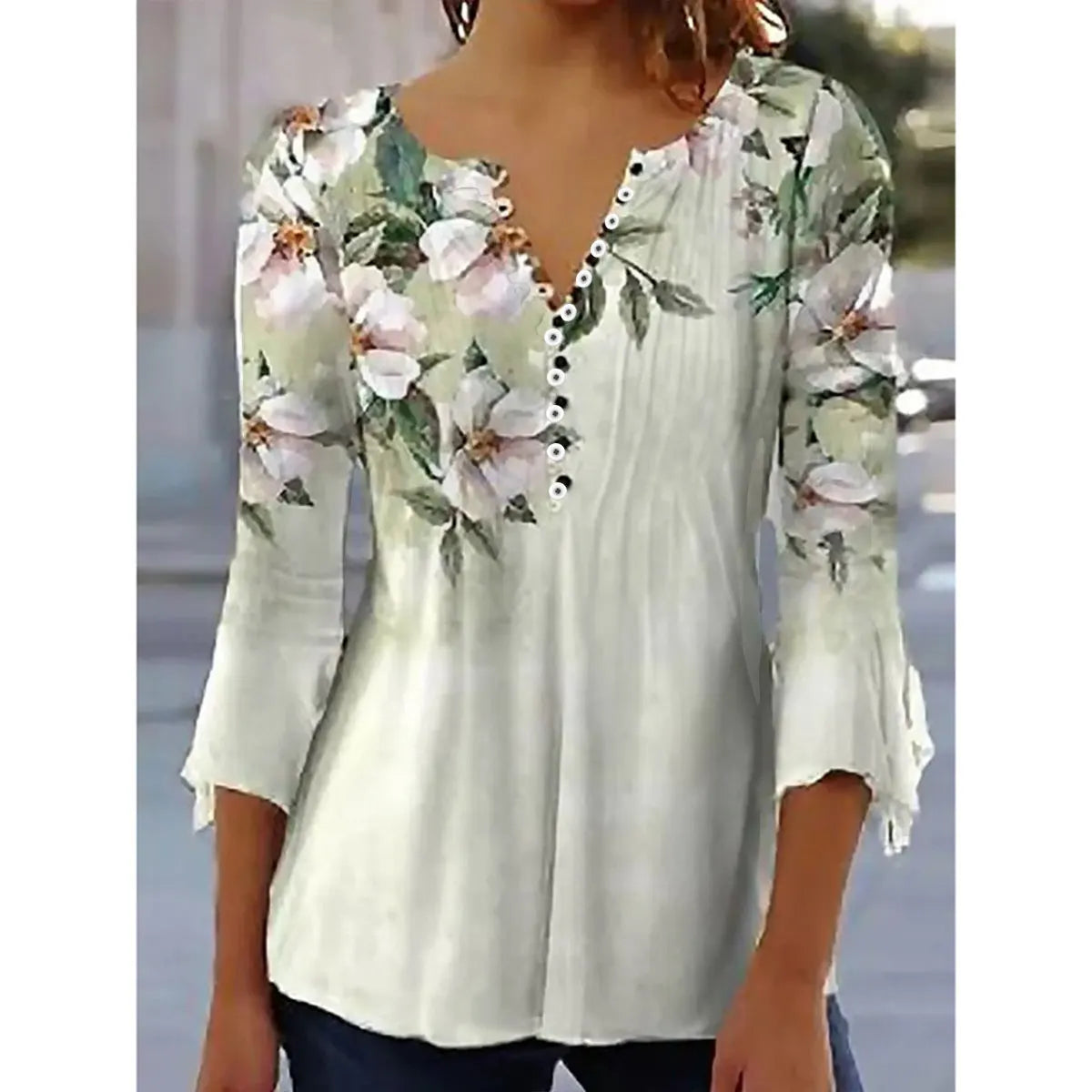 2024 Trendy 3D Printed Women’s Blouse Shirt – V Neck Button-Up 3/4 Sleeve Elegant Spring Summer Fashion Top